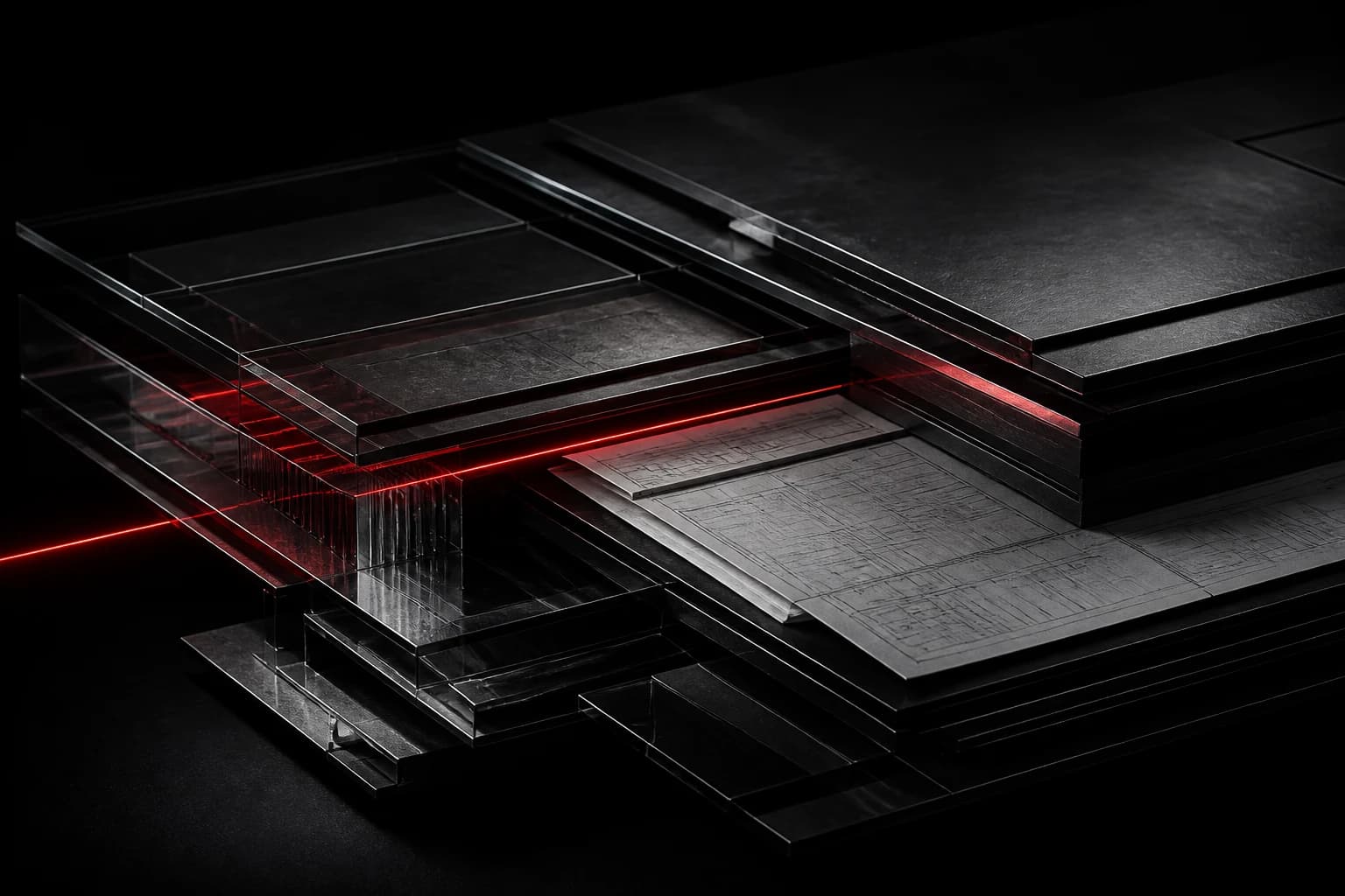 Black technical paper and smoked glass aligned around a crimson light seam