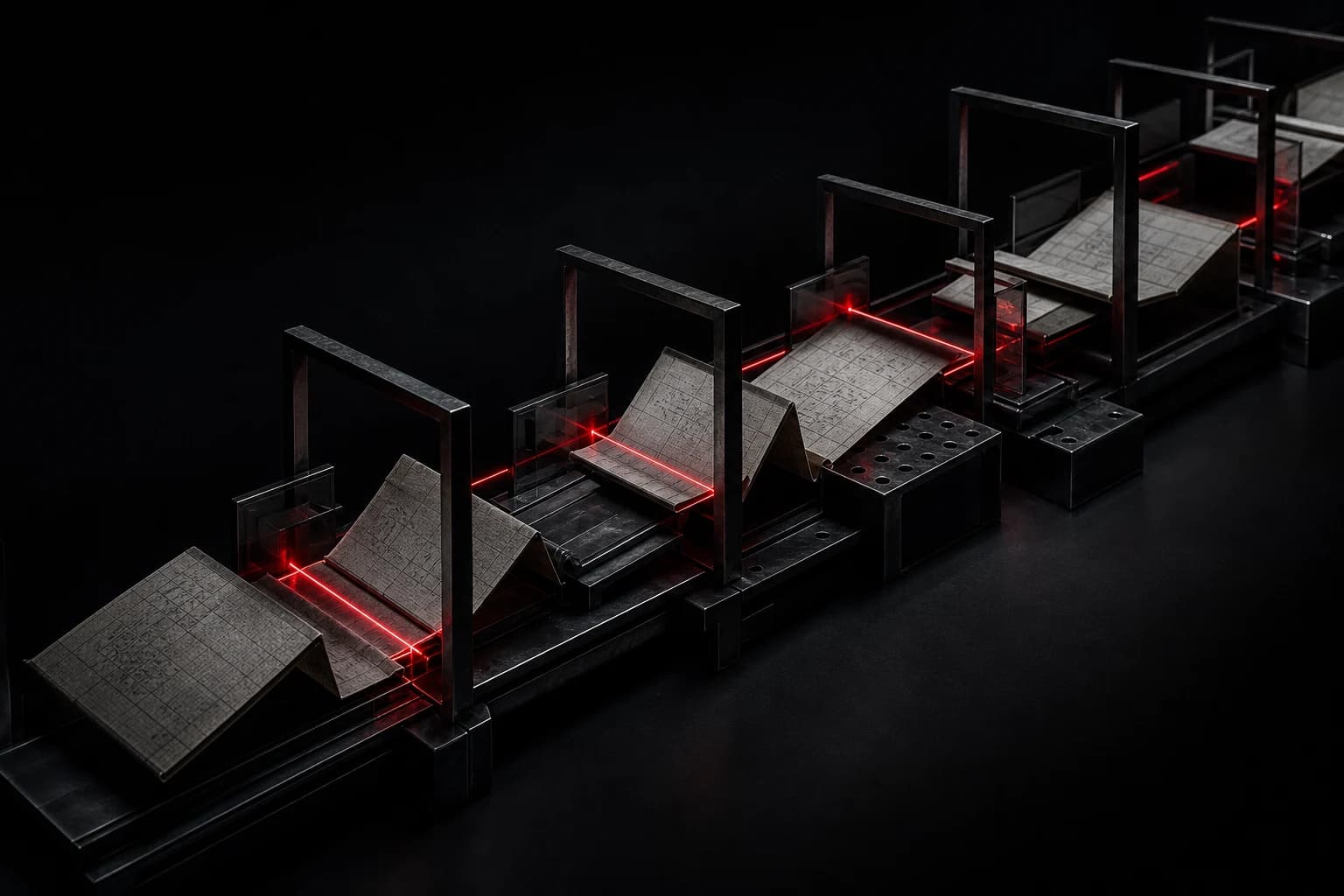 Folded dark technical paper marked by a narrow red light edge