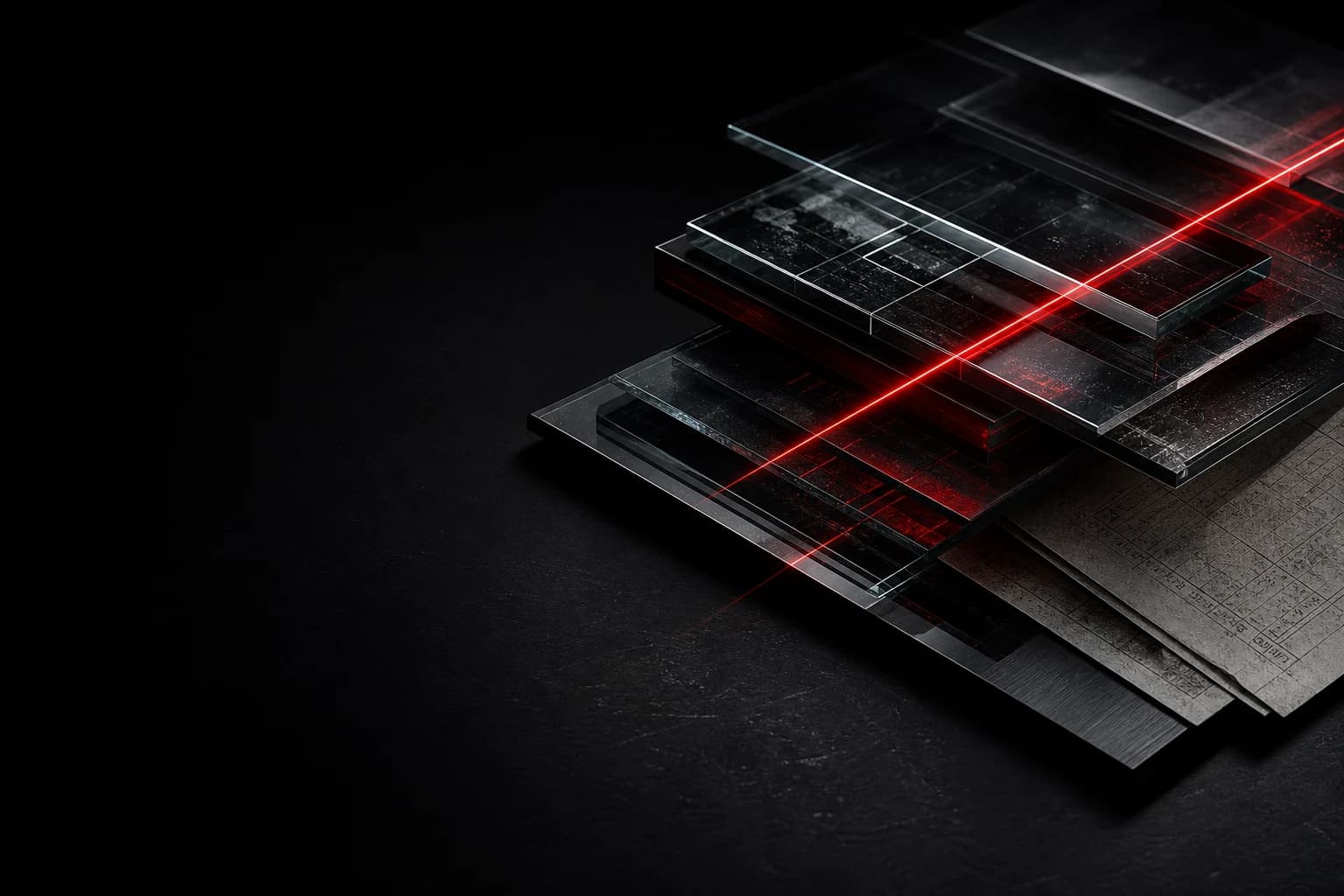 Smoked glass and black metal crossed by a precise crimson light seam