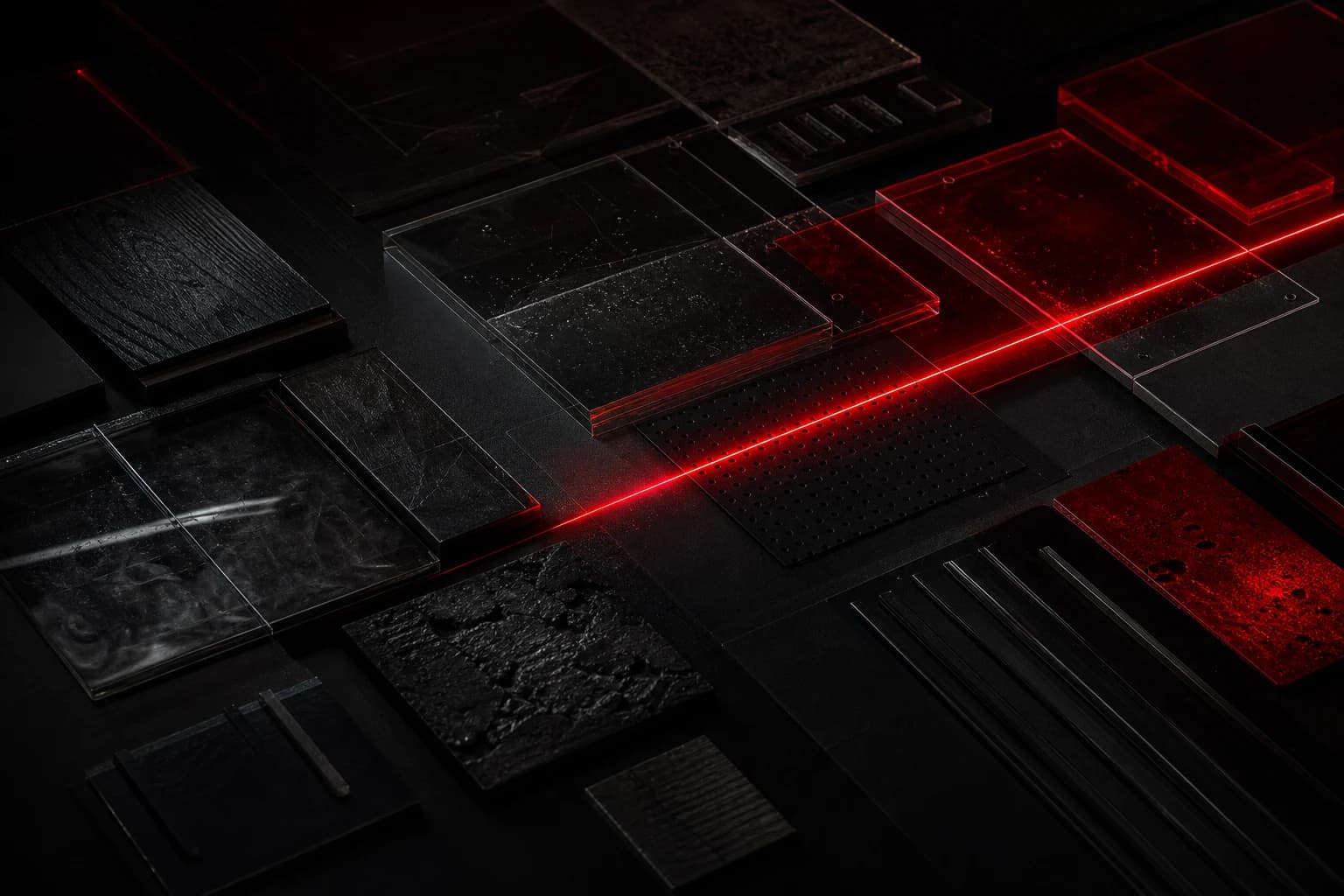 Layered black glass plates divided by a precise crimson line